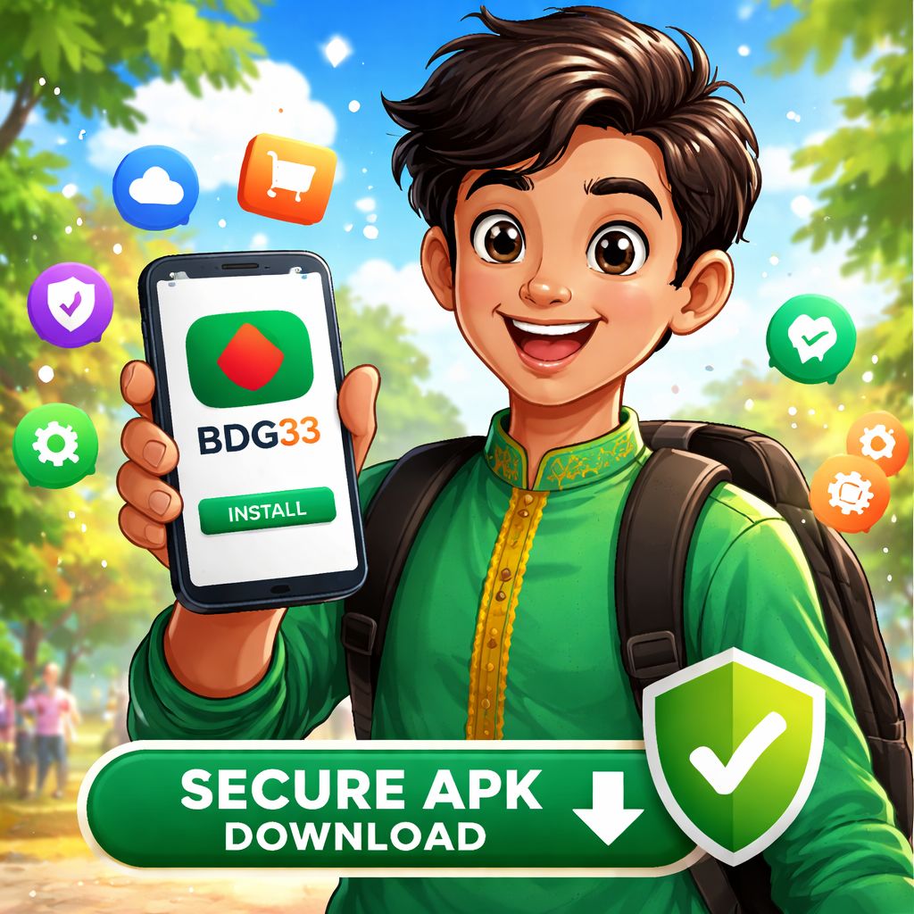 bdg33 app cartoon character holding a smartphone with rewards and mobile icons