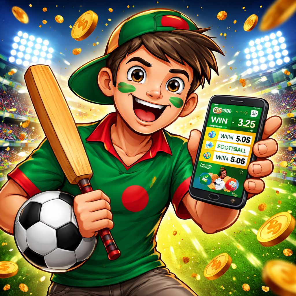 Cartoon sports fan using a mobile betting app with cricket and football elements