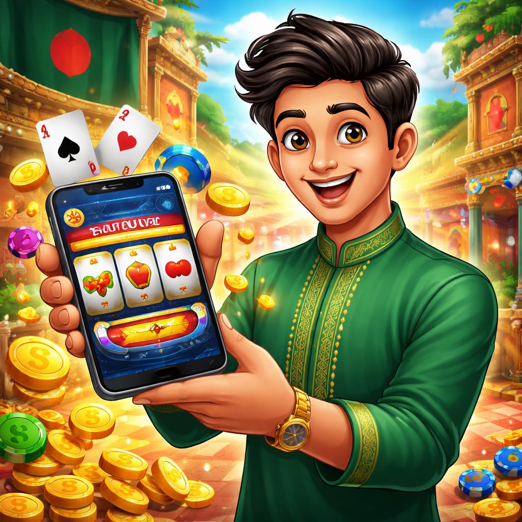 bdg33 Casino cartoon player with cards, reels, coins, and a mobile app screen
