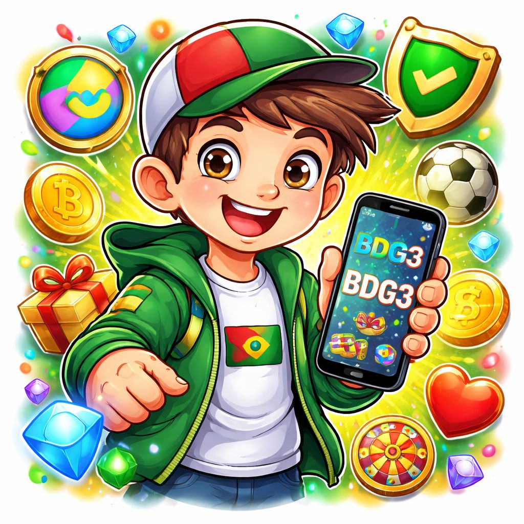 bdg33 cartoon player holding a phone with rewards and bright game icons in Bangladesh style