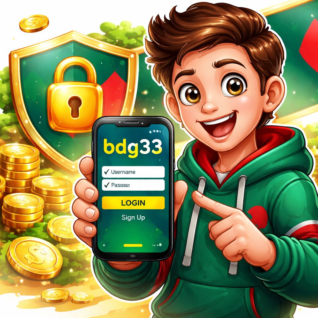 bdg33 Login cartoon player using a secure mobile app with shield and coins