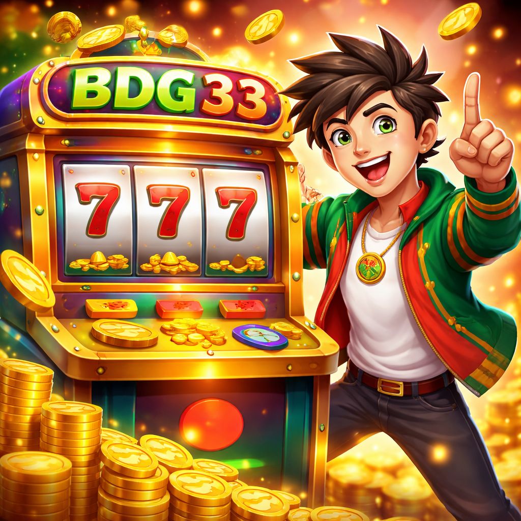bdg33 Slots cartoon character celebrating near a bright slot machine with coins
